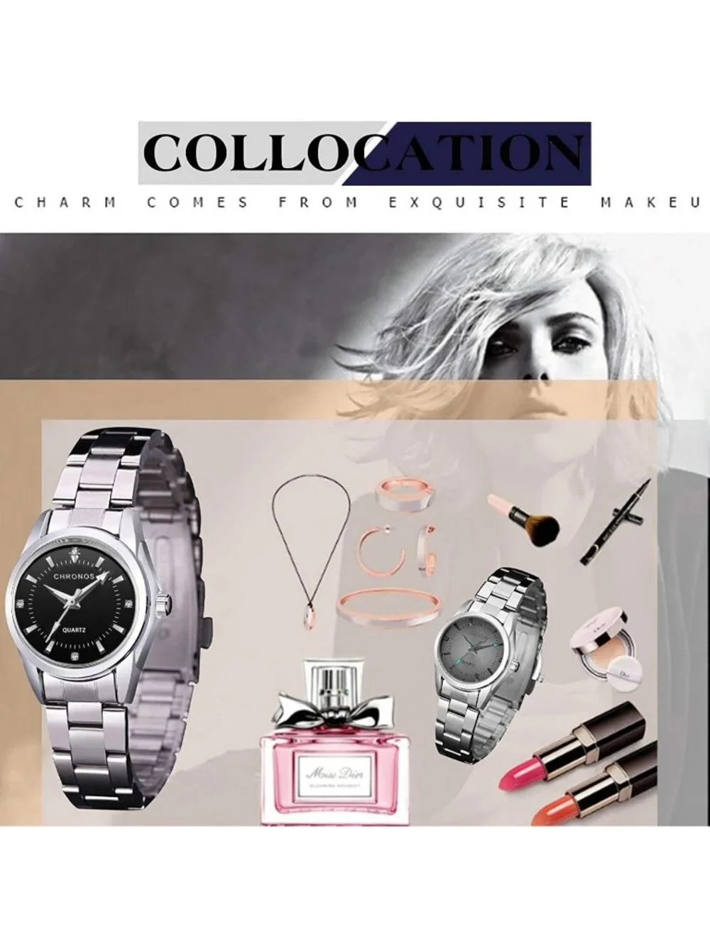 Women's Black Stainless Steel Band Dress Analog Quartz Waterproof Wrist Watches